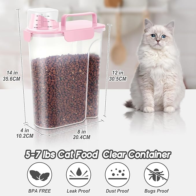 LEAWALK 5-7Lbs Dog Cat Food Storage Container with Upgraded Large Nozzle BPA-free, 4 Snap Seals Plastic Pet Food Storage Containers with Handles (Light Pink, 5L-1pack)