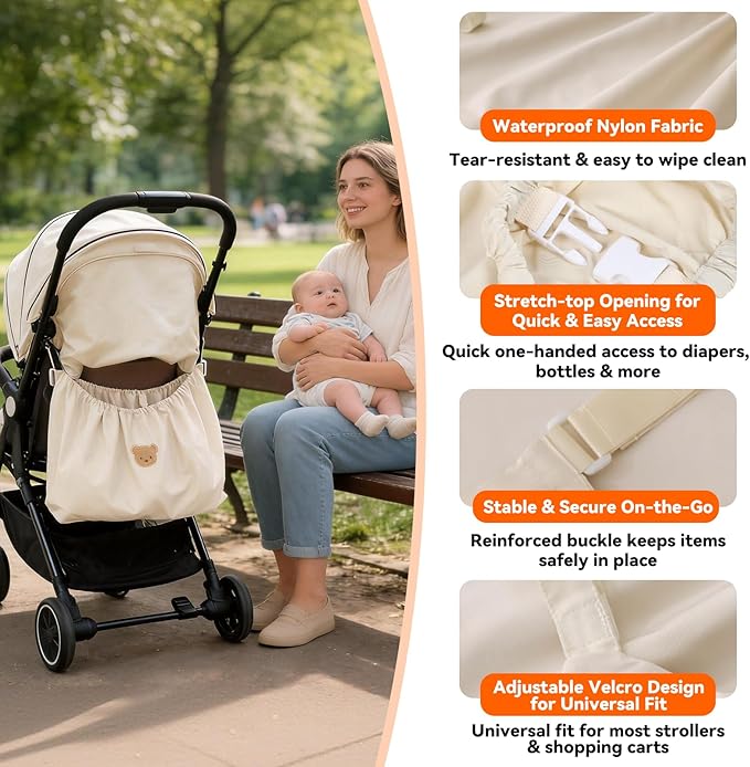 Universal Stroller Organizer, Nylon Stroller Storage Bag for Baby Essentials, Large Capacity Stroller Organizer Bag with Hook & Loop, Cargo Bag for Umbrella & Pet Stroller Accessories (Beige)