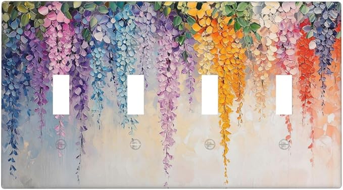 Colorful Wildflower Wisteria Cascade Floral Flower Light Switch Covers Quad Toggle Electrical Faceplate 4 Gang Wall Plate Decorative Switch Plates Cover for Bedroom Living Room Decor
