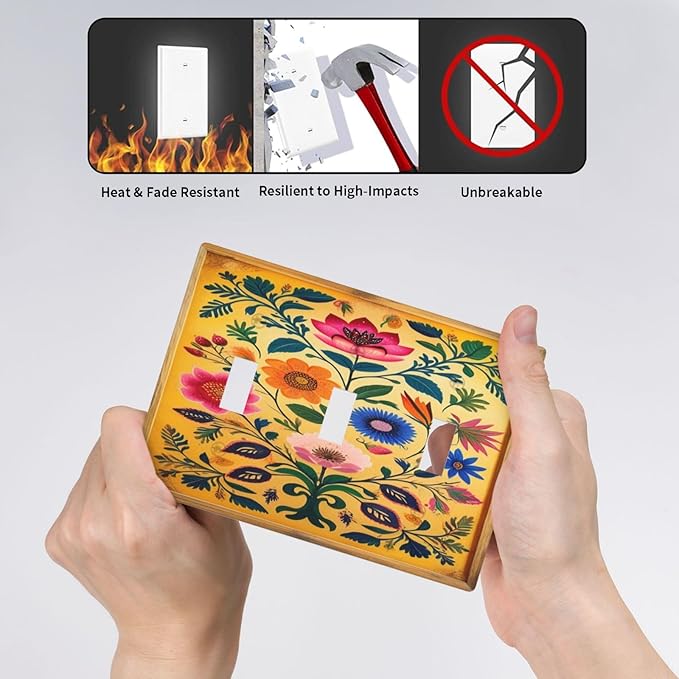 Decorative Art Light Switch Covers ColorFul Blooms 3 Gang Triple Toggle Wall Plate Decorative Switch plate Electrical Faceplate for Home Decor
