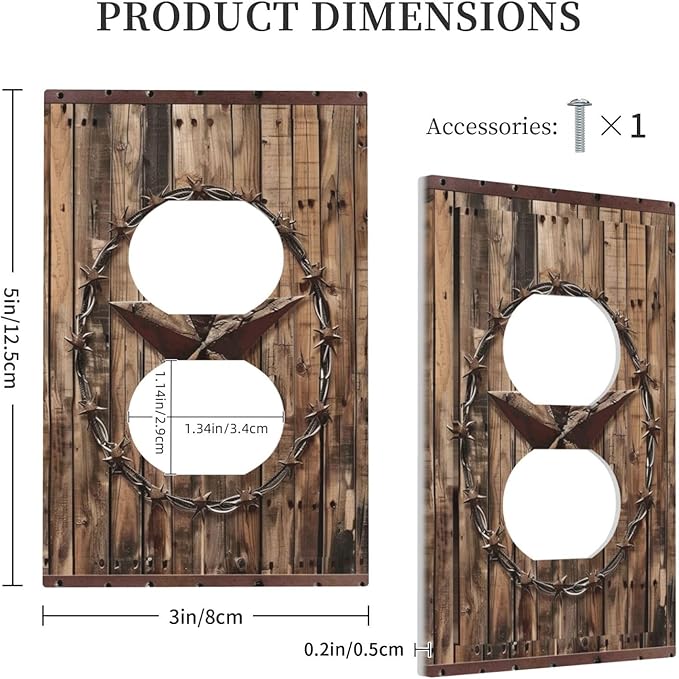 Outlet Covers Rustic Star Western Cowboy Wood 1 Gang Duplex Light Switch Cover Plate Decorative Wall Plates Electrical Switchplate Receptacle for Farmhouse Home Decor（2 Pack）