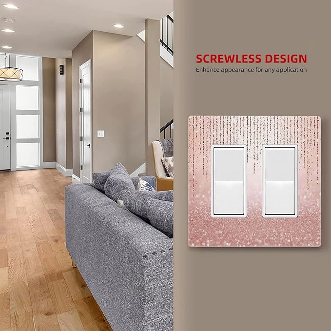 Pink Glittery Bling 2 Gang Double Rocker/Decor Light Switch Cover Decorative Outlet Wall Plate Electrical Faceplate Home Bedroom Art Panel Decor Screwless 4.7" x 4.6