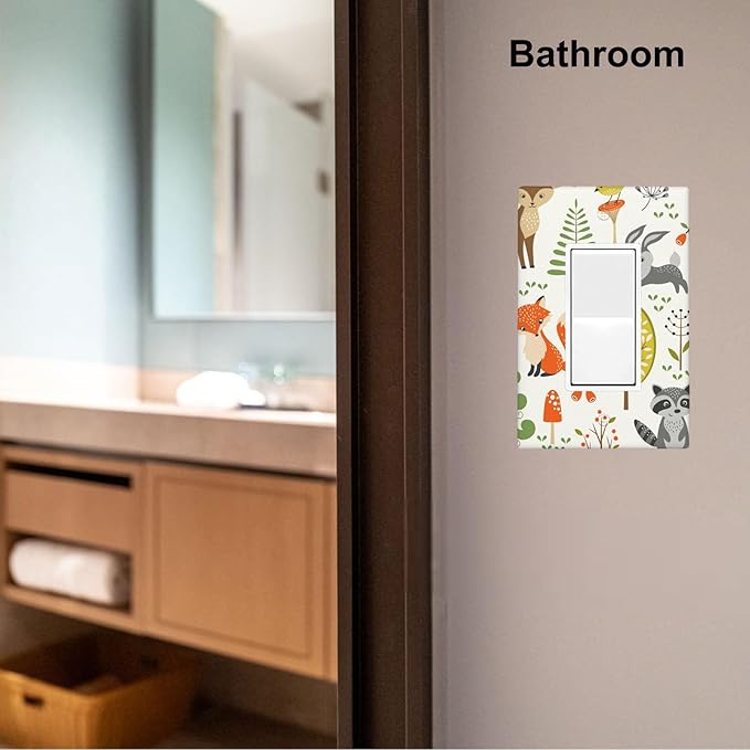 Woodland Animals 1-Gang Rocker Wall Plate, Forest Mushroom Switch Plate for Nursery, Kids Room, Playroom & Cabin