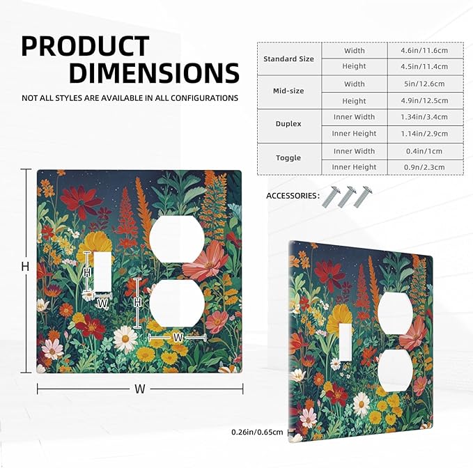 Decorative Switch Cover Plate with Wildflowers & Stars Botanical Floral Art Design Toggle Duplex Wall Plate 2 Gang Light Switch Cover Outlet Covers for Garden Theme Wall Decor
