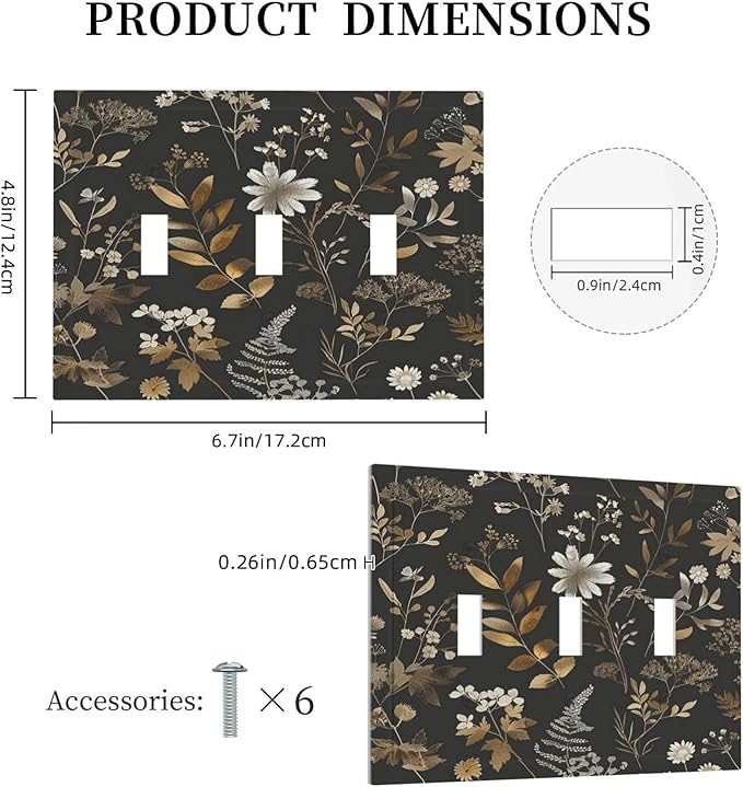 Decorative Switch Plates Black Gold Floral Dark Leaves Vintage Flowers 3 Gang Wall Plate Triple Toggle Light Switch Cover Faceplate Electrical Wall Panels for Bed Room Home Decor