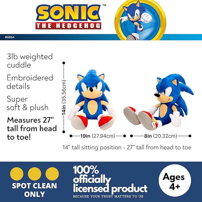 Sonic The Hedgehog Weighted Cuddle Pillow – 3lb Soft Plush & Cozy Pilow for Comfort, 27" Tall (Officially Licensed Product) By Franco Calm