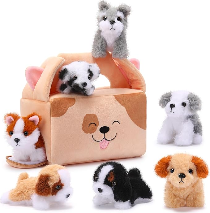 Blueweenly 8 Pcs Small Dog Stuffed Animal Set Plush House with 7 Fluffy Puppy Stuffed Animals Dog Toys for Kids Birthday Gifts Pet Party Favors Classroom Rewards