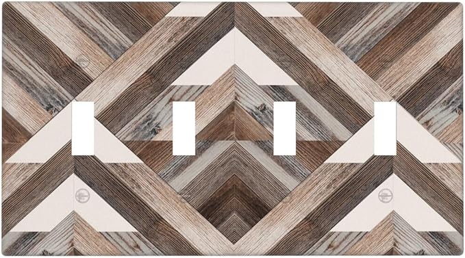 Polygon Collage Abstract Shapes Rustic Wood Panel Print Light Switch Covers Quad Toggle Electrical Faceplate 4 Gang Wall Plate Decorative Switch Plates Cover for Farmhouse Bedroom Decor