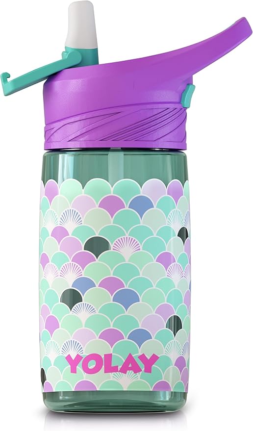 YOLAY 15oz Kids Water Bottle For School Boys and Girls, Durable Toddler Water Bottle with Straw Lid Leak-Proof, Spill Proof, Easy Clean and Dishwasher Safe with Re-Usable and BPA Free - Scallop