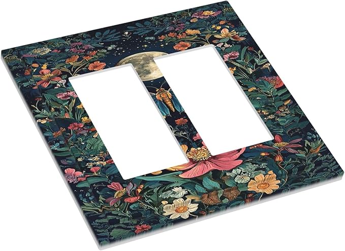 Decorative Outlet Covers Bohemian Moon Butterfly Floral 2 Gang Double Rocker Light Switch Cover Plate Electrical Switch Plate Cover Decorate GFCI Wall Plate for Bedroom Cabin Decor