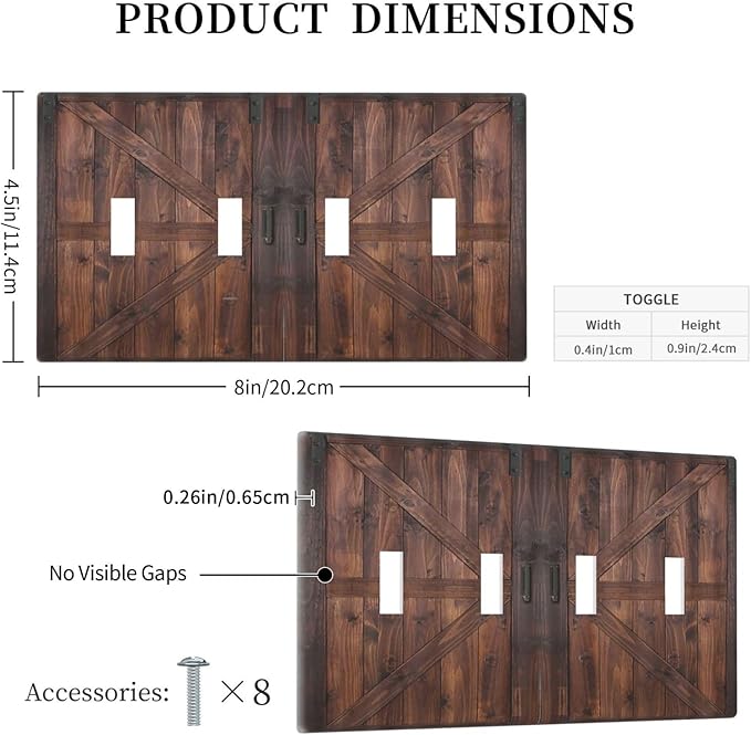 Light Switch Cover Rustic Brown Barn Door Retro Wood Plank 4 Gang Switch Plate Quad Toggle Wall Plates Country Decorative Switchplate Electrical Outlet Cover Plates for Bathroom Home Decor