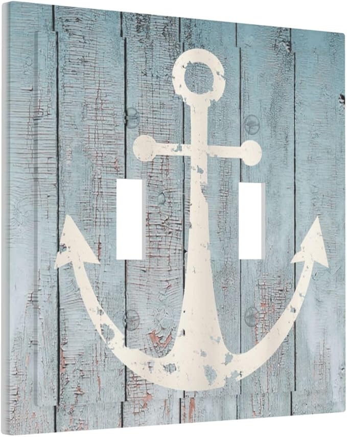 Anchor Rustic Sailing Nautical Wooden Planks Marine Decorative Switch Plates 2 Gang Double Toggle Outlet Light Switch Cover Wall Plate Electrical Faceplate for Bathroom Farmhouse Decor