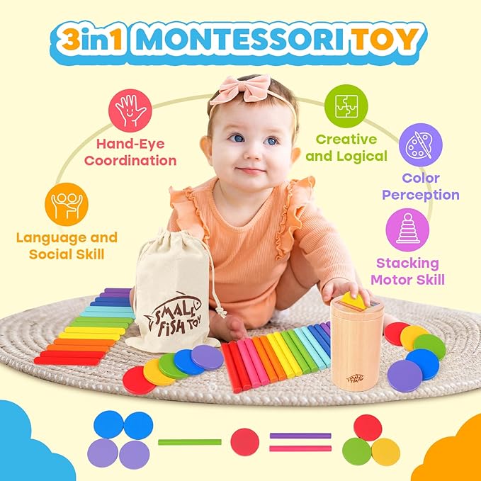 Wooden Montessori Baby Toddler Toys: 3 in1 Learning Fine Motor Preschool Toys, Educational Color Sorting Fidget Sensory Toys for Toddlers 1-3, Cause And Effect Boys Girls Gifts 12-18 Month Old