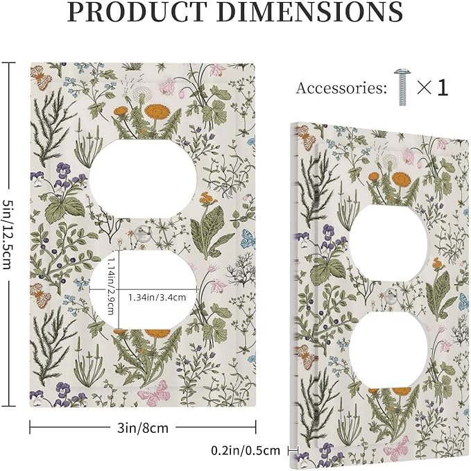 Outlet Covers Boho Floral Vintage Flowers Plants 1 Gang Duplex Light Switch Cover Plate Decorative Wall Plates Electrical Switchplate Receptacle for Bathroom Bedroom Decor（2 Pack）