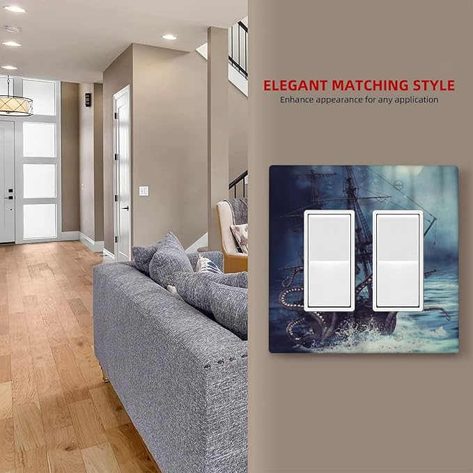 Octopus Ocean Kraken Nautical Pirate Ship 2 Gang Rocker Decora Light Switch Covers Decorative Unique Dual Outlet Covers Wall Plate Electrical Faceplate Switchplate GFCI for Bedroom Bathroom Decor