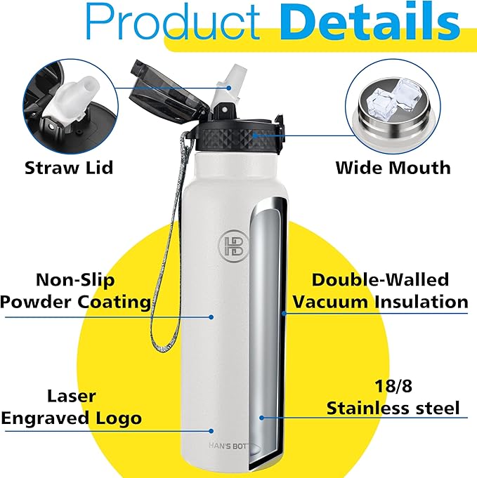 Han's Bottle Sports Water Bottle - 24 Oz, Straw Lid, Leak Proof, Vacuum Insulated Stainless Steel, Double Walled, Thermo Mug,White