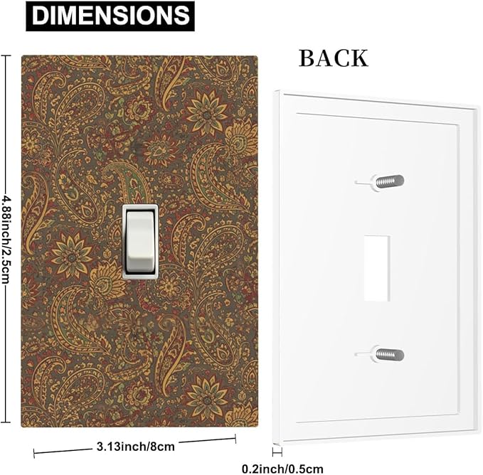 Vintage Paisley 1-Gang Toggle Light Switch Plate, Bohemian Boho Autumn Tones Retro Floral Decorative Wall Plate for Eclectic Homes