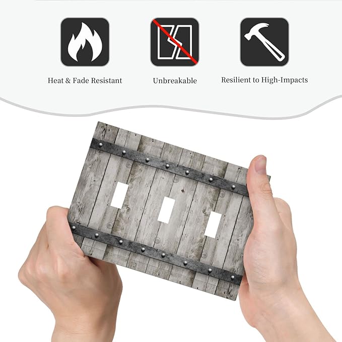 Farmhouse Grey Wood Triple Toggle Light Switch Cover Decorative Rustic Country Gray Wall Plates 3 Gang Electrical Faceplate for Bathroom Kitchen Bedroom Vintage Rustic Barn Door Decor