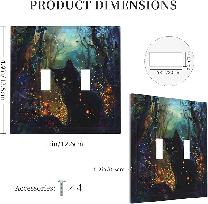Light Switch Cover Plate Magic Fantasy Forest Mysterious Black Cat 2 Gang Double Toggle Decorative Switch Plates Wall Plates Electrical Faceplate for Kid Room Bathroom Decor