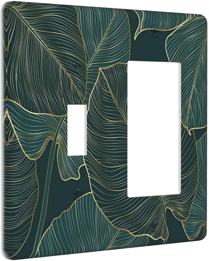 Gold Tropical Green Botanical Palm Leaves Outlet Covers 1 Toggle 1 Rocker Combination Decorative Wall Plate Electrical Switch Plates Light Switch Cover Plate for Bedroom Living Room Decor