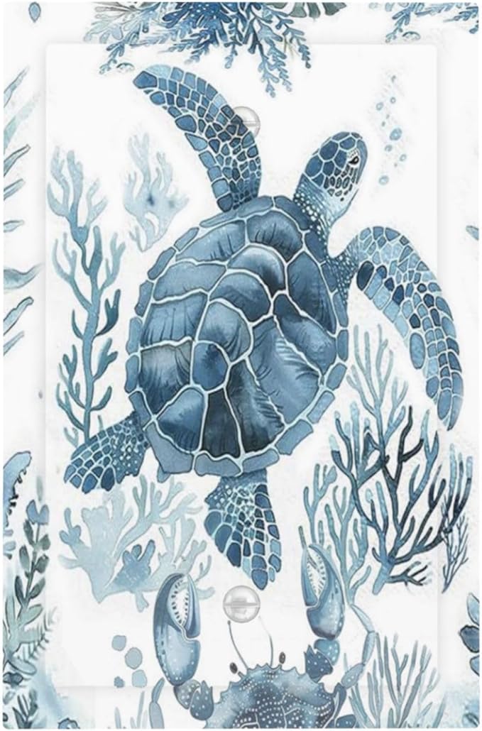 Blue Sea Turtle Coastal Coral Beach Crab Seaweed Light Switch Cover Plate 1 Gang No Device Blank Electrical Wall Plates Faceplate Decorative Switch Plate for Kids Room Bathroom Decor
