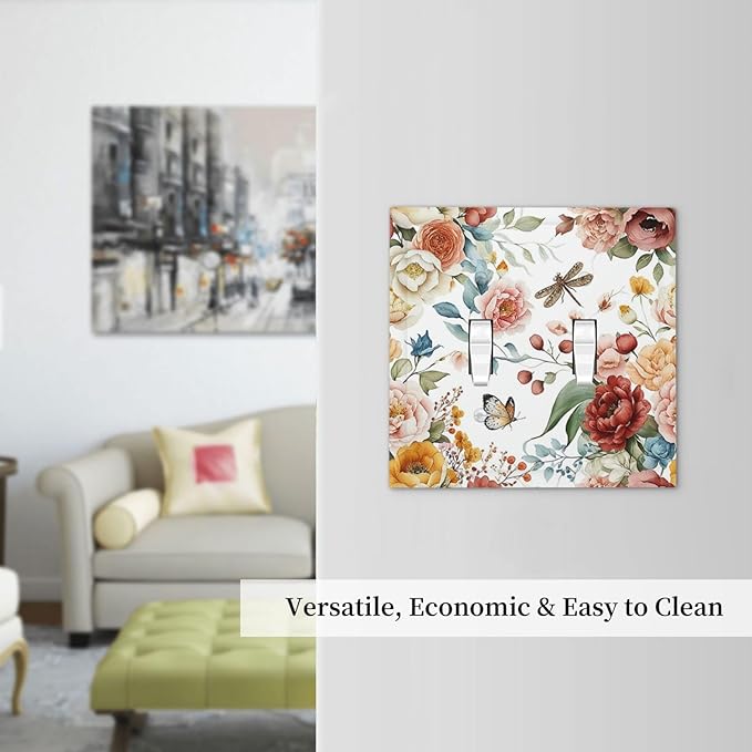 Rustic Style Colorful Peony Butterfly Dragonfly Decorative Switch Plates 2 Gang Double Toggle Wall Plate Electrical Faceplate Outlet Light Switch Cover for Bedroom Living Room Decor