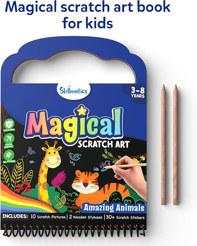Skillmatics Scratch Art Book for Kids - Animals, Craft Kits & Supplies, 30+ Scratch Stickers, Travel Toys, DIY Kit, Gifts for Boys & Girls Ages 3, 4, 5, 6, 7, 8