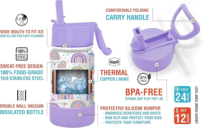 CHILLOUT LIFE 12 oz Kids Insulated Water Bottle for School with Straw Lid Leakproof and Cute Waterproof Stickers, Personalized Stainless Steel Thermos Flask Metal Water Bottle for Girls & Boys