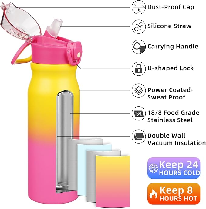 BJPKPK 25oz Insulated Water Bottle with Straw Stainless Steel Double Wall Water Bottles BPA Free Leak Proof Thermal Flask with Lockable Flip Lid and Soft Silicone Spout,Rainbow