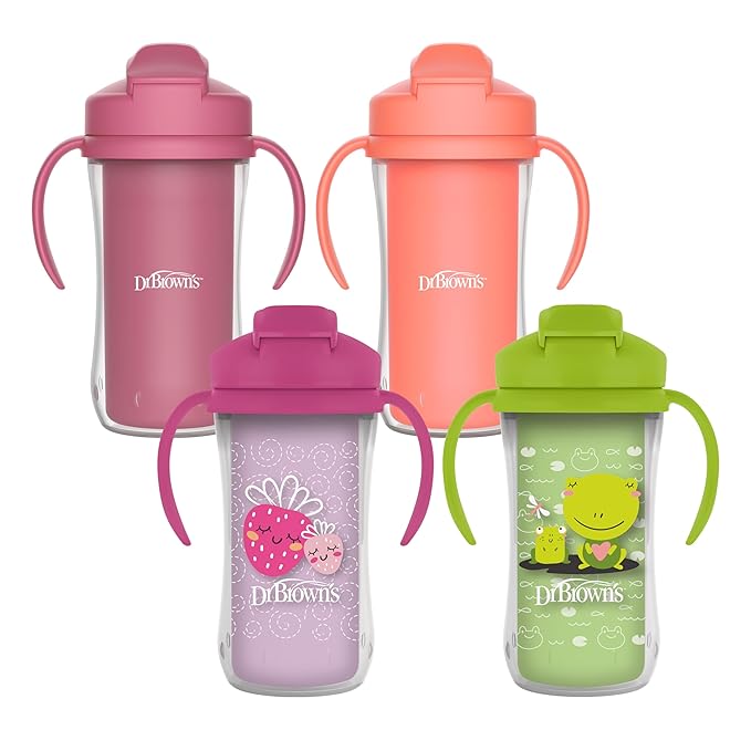 Dr. Brown's Milestones Insulated Sippy Cup with Straw and Handles, Spill-Proof Tumbler with Lid, 4-Pack, Pink/Orange/Green/Purple, 10 oz/300 mL, BPA Free, 12m+