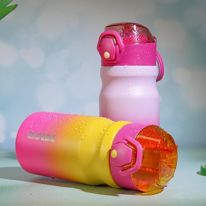 BJPKPK Water Bottle with Straw 14oz Insulated Water Bottles Reusable Stainless Steel Metal Thermal Flask with Leak Proof Lockable Lid and Carry Handle,Rainbow