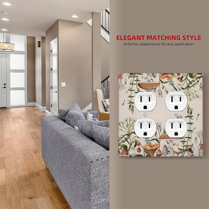 Boho Mushroom Forest Plants Wildflowers Insects Outlet Covers 2 Gang Double Duplex Decorative Light Switch Covers Electrical Wallplates Socket Faceplate for Kids Room Home Decor
