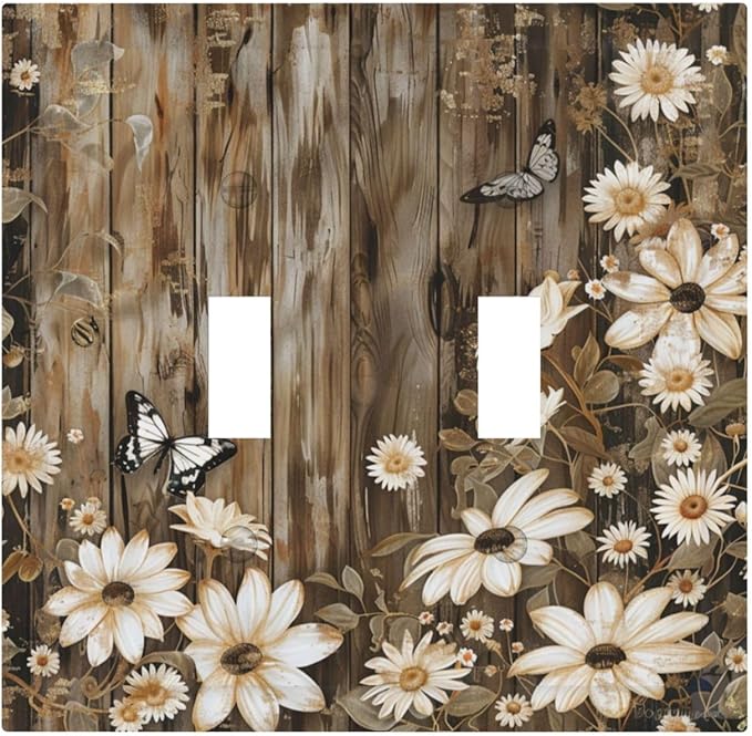 Light Switch Cover Plate Rustic Wood Butterflies Flowers Botanical 2 Gang Double Toggle Decorative Switch Plates Wall Plates Electrical Faceplate for Farmhouse Cabin Decor