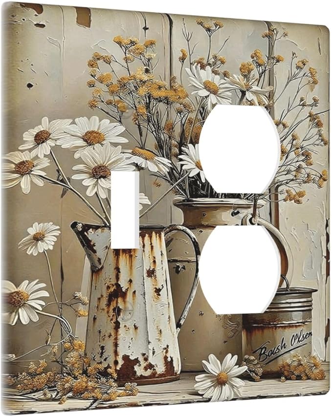 Rustic Flowers Daisy Floral White Wooden Planks Wallplates 1 Toggle 1 Duplex Switch Plate Electrical GFCI Faceplate Decorative Light Switch Covers for Farmhouse Home Decor
