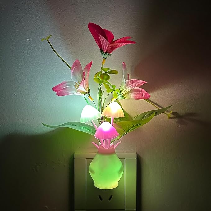 Plug-in Night Light with Auto Light Sensor, RGB LED Mushroom Night Light Wall Based Flower Lamp 1W Energy Efficient Nursery Nightlight for Kids Room, Bedroom, Nursery, Lounge, Hallway and Stairs