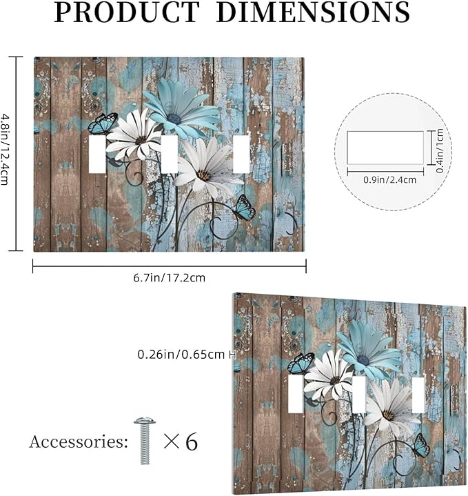 Decorative Switch Plates Rustic Flower Teal Turquoise Daisy Butterfly 3 Gang Wall Plate Triple Toggle Light Switch Cover Faceplate Electrical Wall Panels For Farmhouse Cabin Decor
