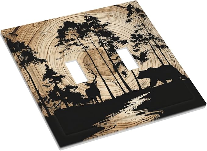 Rustic Forest Antler Black Bear Deer Silhouettes Decorative Switch Plates 2 Gang Double Toggle Outlet Light Switch Cover Wall Plate Electrical Faceplate for Farmhouse Home Decor