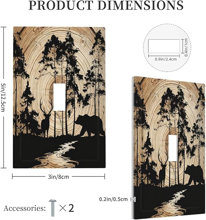 Rustic Forest Antler Black Bear Deer Silhouettes Decorative Light Switch Cover 1 Gang Single Toggle Device Electrical Faceplate Switchplates Decorator Outlet Wall Plate for Farmhouse Home Decor