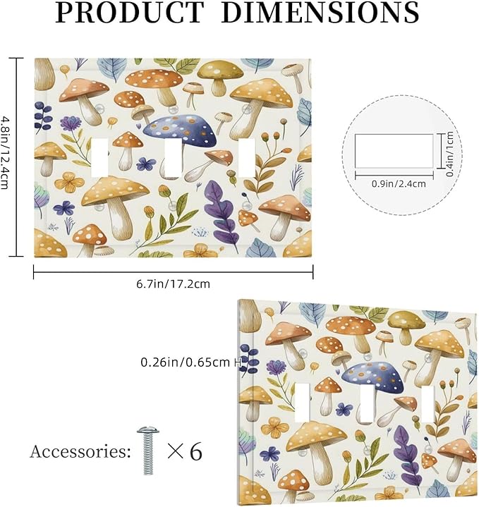 Boho Watercolor Mushroom Flowers Leaf Colorful Floral Decorative Switch Plates 3 Gang Wall Plate Triple Toggle Light Switch Cover Faceplate Electrical Wall Panels for Kids Room Nursery Decor