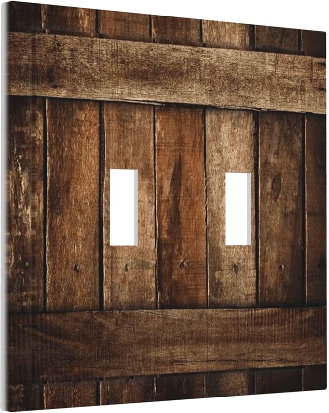 Brown Wooden Barn Door Old Wood Print Decorative Switch Plates 2 Gang Double Toggle Outlet Light Switch Cover Wall Plate Electrical Faceplate for Farmhouse Home Decor