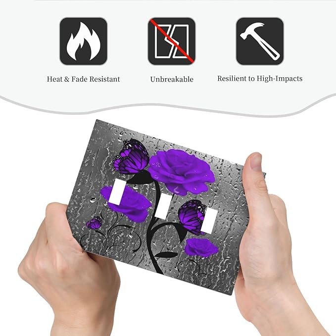 Rose Butterfly Purple Flower 3 Gang Triple Toggle Light Switch Wall Plate Cover Decorative Electrical Faceplate For Girls Grey Floral Room Bedroom Bathroom Decorate 6.7" x 4.8 Large Size