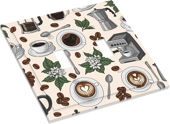 Whimsical Coffee Shop Double Toggle Switch Cover - 2-Gang Standard US Size Vintage Coffee Pattern Light Switch Covers, Café Culture Espresso for Dining Room Decor