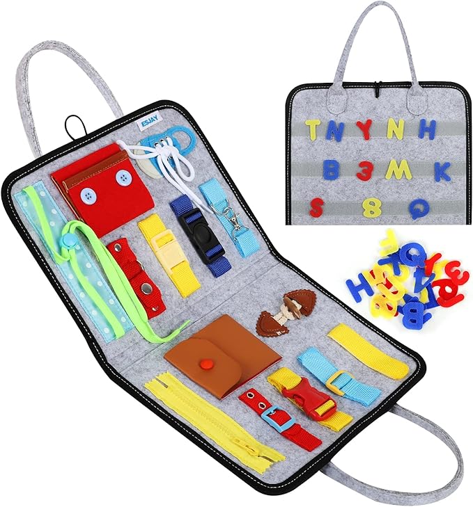 Esjay Toddler Busy Board, Sensory Board for Fine Motor Skill, Montessori Toys Toddler Activities for 3+ Year Old, for Travel, Car, Grey Alphabet