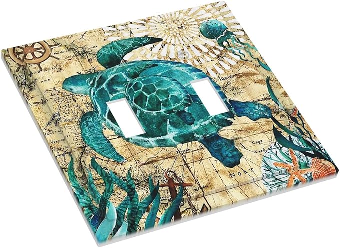 Sea Blue Turtle Beach Theme Nautical Ocean Cute Teal World Map Tortoise Coastal 2 Gang Double Toggle Outlet Light Switch Wall Plate Outlet Cover Electrical Faceplate Switchplate Kids Bedroom Decor