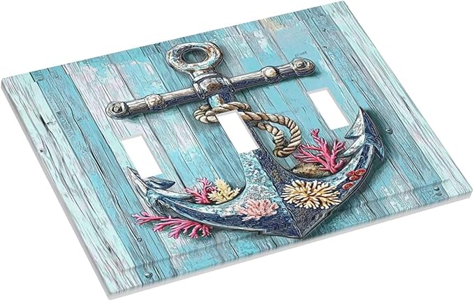 Decorative Switch Plates Anchor Coastal Beach Nautical Coral 3 Gang Wall Plate Triple Toggle Light Switch Cover Faceplate Electrical Wall Panels For Farmhouse Cabin Decor