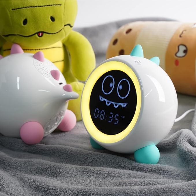 Kids Alarm Clock, Toddler Sleep Training Clock with Night Lights, Sound Machine, Time to Wake Dinosaur Alarm Clock for Children, Gift Ideas for Kids Toddler Boy Girl (Green)