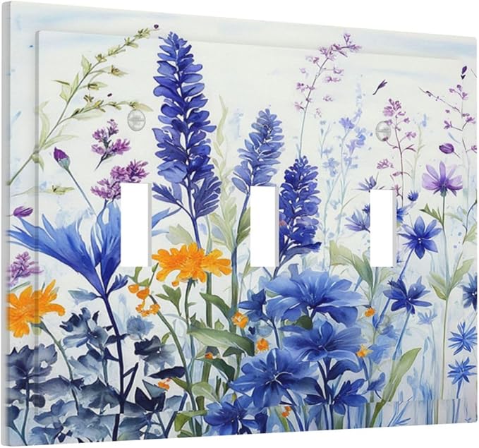 Light Switch Cover Plate Lavender Watercolor Wildflowers Colorful floral 3 Gang Triple Toggle Decorative Switch Plates Wall Plates Electrical Switchplate Faceplate for Bathroom Bedroom Decor