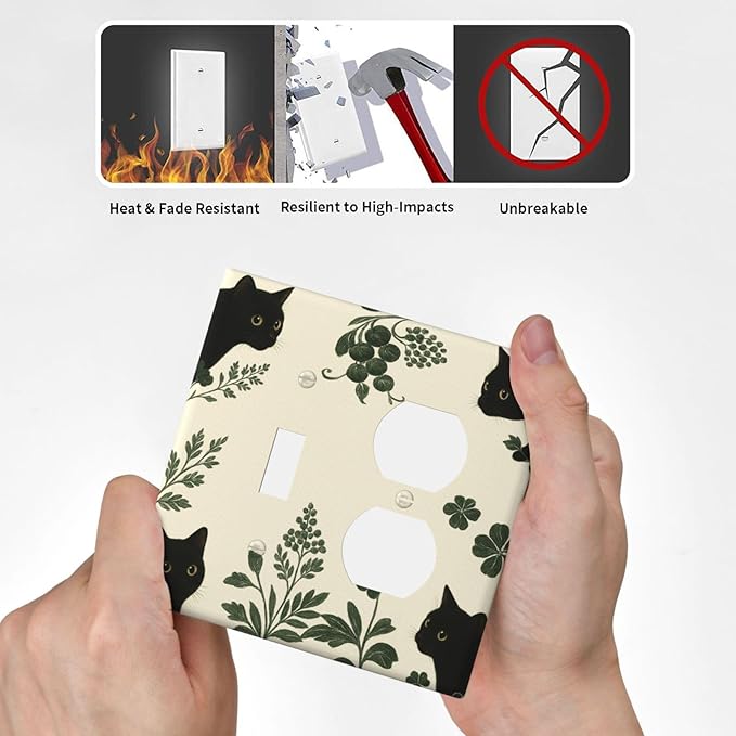 Decorative Outlet Covers Funny Black Cat Green Leaf 2 Gang Light Switch Cover Plate Single Toggle Duplex Wall Plates for Electrical Outlets Switch Plate Covers for Bedroom Home Decor