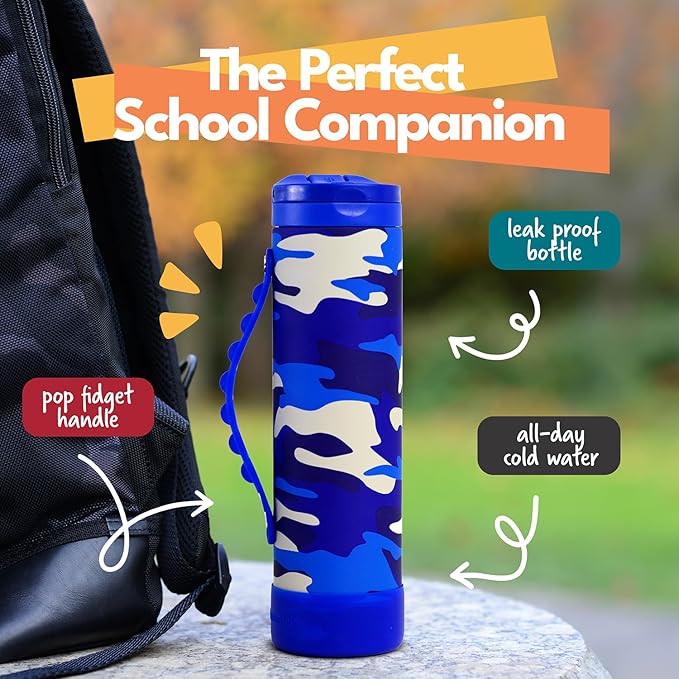 Elemental Iconic Kids Water Bottle with Straw Lid & Stress Reliever Pop It Handle, Leak-Proof When Closed, Triple Insulated Stainless Steel Reusable Thermos Water Bottle, 20oz - Blue Camo