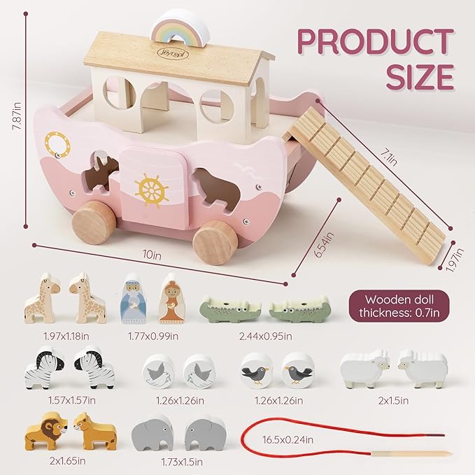 Joyreal Pink Wooden Noah's Ark Toy for 1 Year Old Baby Girl Baptism Gift - Montessori Educational Toy with Animal Shape Sorter - Christian Toys for Toddler Boy 1-3 Years Old Christmas Birthday Gift
